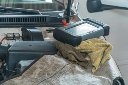 Mécanicien effectuant un diagnostic électronique sur une voiture dans un atelier professionnel.
