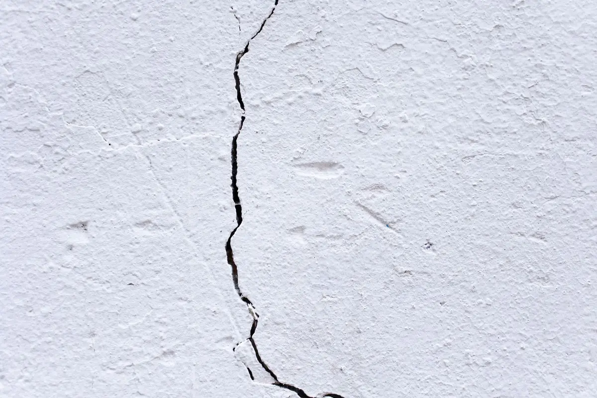 Inspection d'un bien immobilier : fissures et infiltrations d'eau visibles sur un mur intérieur