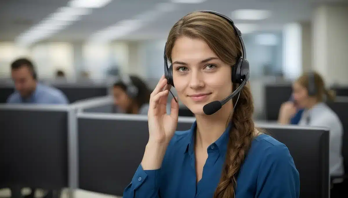 Personne appelant son service client bancaire depuis un bureau ensoleill&eacute;