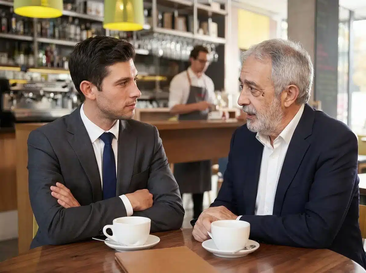 Deux personnes en discussion informelle autour d'un caf&eacute;, &eacute;change naturel