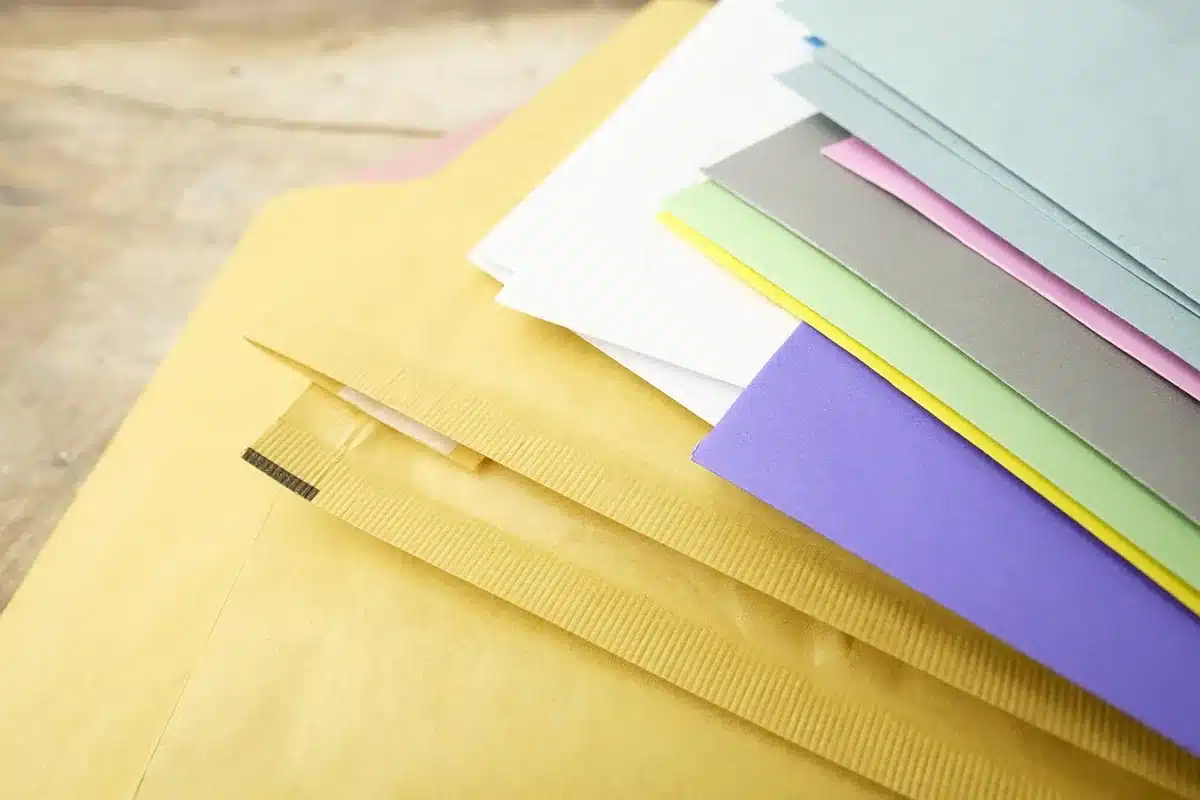 Enveloppe de courrier recommand&eacute; avec accus&eacute; de r&eacute;ception pos&eacute;e sur une table