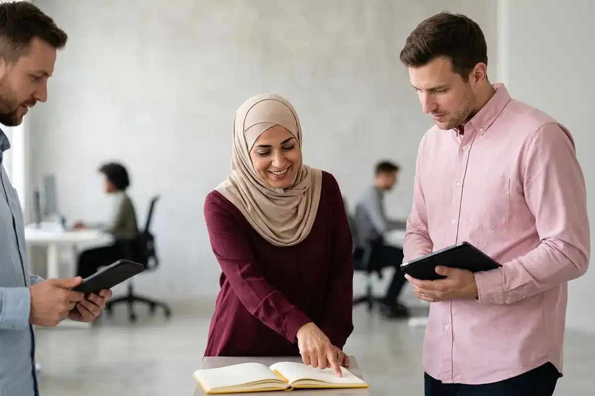 Groupe de professionnels de différents âges discutant dans un bureau