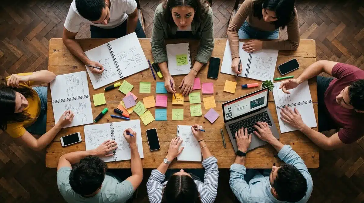 Professionnels travaillant ensemble avec des outils numériques dans un bureau lumineux