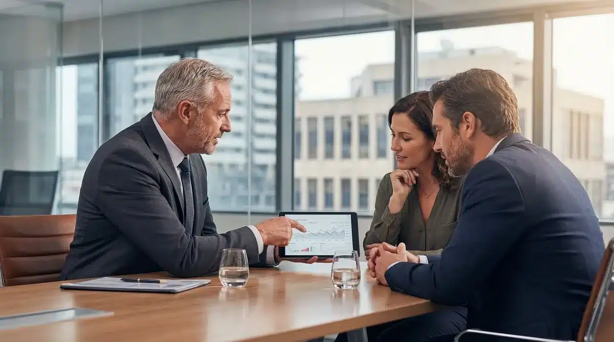 Personnes anonymes discutant de dossiers de travail dans un bureau lumineux