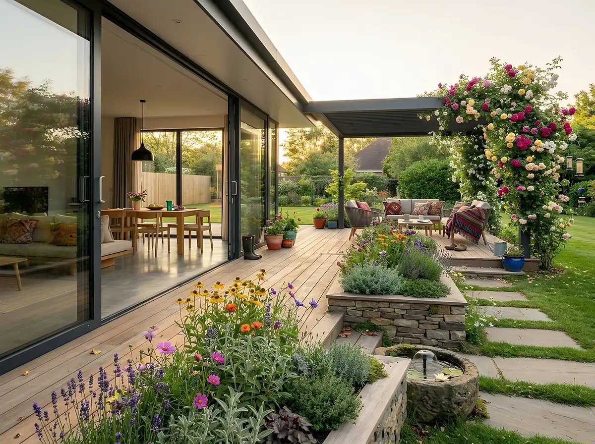 Veranda ensoleillée avec table en terrazzo, mobilier artisanal et plantes tropicales